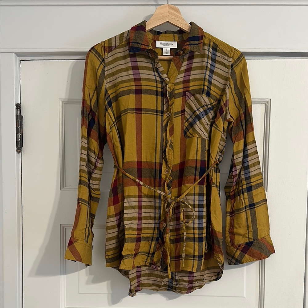 Motherhood Maternity Multicolor Button down Plaid Shirt with Tie Waist